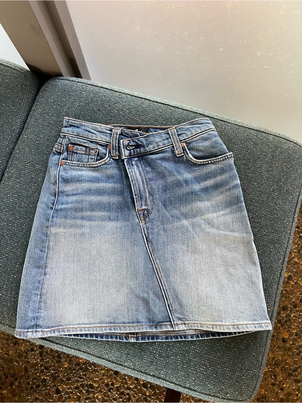 7 For All Mankind Faded Light Blue Asymmetrical Denim Skirt